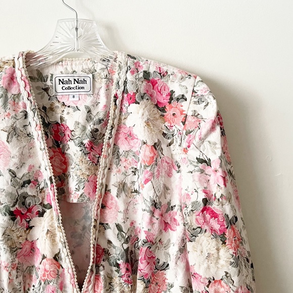 Vintage 80s Floral Pearl Trim Puff Sleeve Blazer  Size 8 - Picture 7 of 13